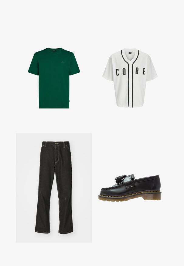 White baseball-style jersey with short sleeves, black front buttons, and bold "CORE" lettering in black. Features black accent trim along the collar.; Green cotton t-shirt with short sleeves. Features a crew neck and a small logo on the chest. Smooth texture, casual design.; Black denim jeans with a loose fit, featuring contrasting white stitching, a button closure, and a straight leg design.; Black leather loafers with a textured finish, featuring a decorative tassel and contrasting yellow stitching, on a chunky, transparent sole.