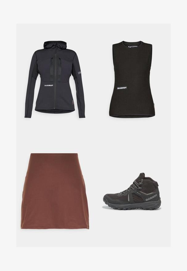 Black athletic jacket with a hood, featuring zippered pockets, and a textured panel on sleeves. Logo on front and sleeve. Material designed for flexibility.; Black sleeveless shirt with a textured pattern, featuring a round neckline and a "MAMMUT" logo on the front. Made of breathable material.; Brown mini skirt made of smooth fabric with a fitted design and straight hem. No visible hardware or patterns.; Black hiking boots with a high-top design, synthetic upper, textured accents, and rubber outsole with traction grooves. Features reflective elements.