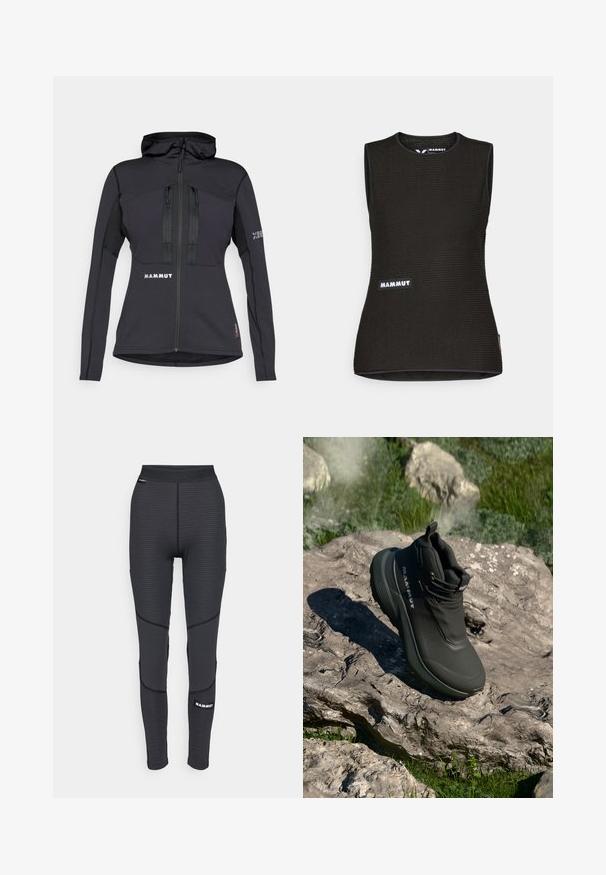 Casaco atlético preto com capuz, apresentando bolsos com fecho de correr e um painel texturizado nas mangas. Logotipo na frente e na manga. Material projetado para flexibilidade.; Camiseta preta sem mangas com um padrão texturizado, apresentando uma gola redonda e um logótipo "MAMMUT" na frente. Feita de material respirável.; Leggings atléticos pretos com painéis texturizados e costuras reforçadas, apresentando um logótipo de marca e uma cintura larga elástica.; Bota de caminhadas preta com parte superior à prova d'água, material texturizado, suporte de tornozelo reforçado e acentos de marca. Sola grossa para tração.