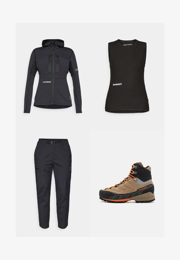 Črna športna jakna s kapuco, z žepi na zadrgo in teksturirano ploščo na rokavih. Logotip spredaj in na rokavu. Material zasnovan za fleksibilnost.; Črna brezrokavna majica z strukturiranim vzorcem, ki ima okrogel ovratnik in na sprednji strani logo "MAMMUT". Narejena je iz zračnega materiala.; Črne cargo hlače z oblečenim pasom, zoženimi nogami, z zadrgo na stegnu in subtilnim logotipom na strani. Trajna tekstura tkanine.; Bež in črne visoke pohodne čevlje z oranžnimi vezalkami, gumijastim prednjim delom, teksturirano zgornjo površino in robustnim podplatom. Imajo ojačano podporo za gleženj.