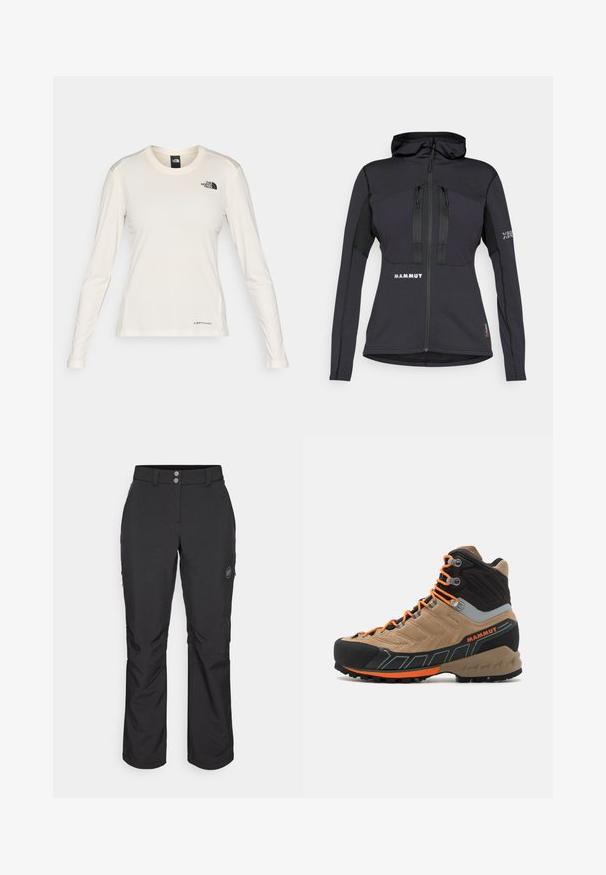 Schwarze Sportjacke mit Kapuze, ausgestattet mit Reißverschlusstaschen und einer strukturierten Einsätzen an den Ärmeln. Logo auf der Vorderseite und dem Ärmel. Material für Flexibilität ausgelegt.; The North Face SHADOW LONG SLEEVE - Langarmshirt - white dune; Schwarze Outdoor-Hosen mit geradem Schnitt, Knopfverschluss, seitlichen Reißverschlusstaschen und einem Logo-Patch auf dem linken Oberschenkel.; Beige und schwarze Wanderstiefel im High-Top-Stil mit orangefarbenen Schnürsenkeln, gummierter Zehenkappe, strukturiertem Obermaterial und robustem Sohlenprofil. Verfügt über verstärkten Knöchelschutz.