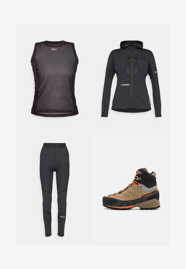Jachetă sportivă neagră cu glugă, dotată cu buzunare cu fermoar și un panou texturat pe mâneci. Logo pe față și pe mânecă. Materialul este conceput pentru flexibilitate.; Cămașă sport neagră fără mâneci, cu un design din plasă, având un guler rotund și logo-ul POC. Materialul pare ușor și respirabil.; Leggings atletice negre cu panouri texturate și cusături întărite, având un logo de marcă și un talie largă, elastică.; Cizmă de drumeție înalță, bej și neagră, cu șireturi portocalii, capac din cauciuc pentru vârf, partea superioară texturată și talpă robustă. Dispune de suport pentru gleznă întărit.