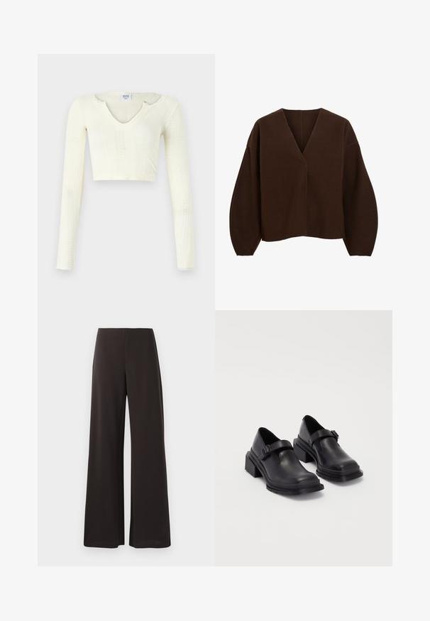 Smeđi, preveliki pulover s V-izrezom i dugim, balon-sličnim rukavima. Izrađen od mekog materijala s glatkom teksturom i minimalnim detaljima šivanja.; Kratki top od pamučne pređe u off-white boji. Dugi rukavi s rebrastom teksturom i malim izrezima oko dekoltea.; Crne široke hlače od glatkog, rastezljivog materijala. Imaju visoki pojas i čist, minimalistički dizajn bez vidljivih zatvarača.; Crne kožne cipele s okruglim vrhom, ravnim đonom i remenom s detaljem kopče. Debeli blok peti za dodatnu stabilnost.