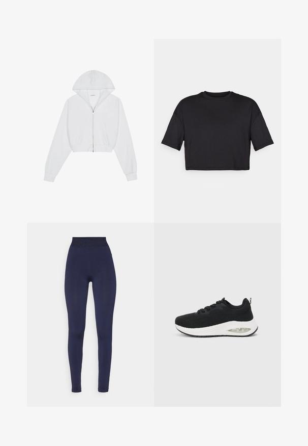Vit kort hoodie med dragkedja framtill, långa ärmar, sidofickor och huva. Tillverkad av mjukt tyg med en slät textur.; Svart kortärmad t-shirt i mjukt tyg, med rund halsringning och korta, vida ärmar, med en enkel, sömlös design.; Marina leggings med hög midja som har ett texturerat, elastiskt band. Formande design med slätt tyg och inga synliga sömmar.; Svart atletisk sneaker med en texturerad stickad ovandel, vit mellansula och synlig luftdämpning. Har svarta snören och en dragflik.