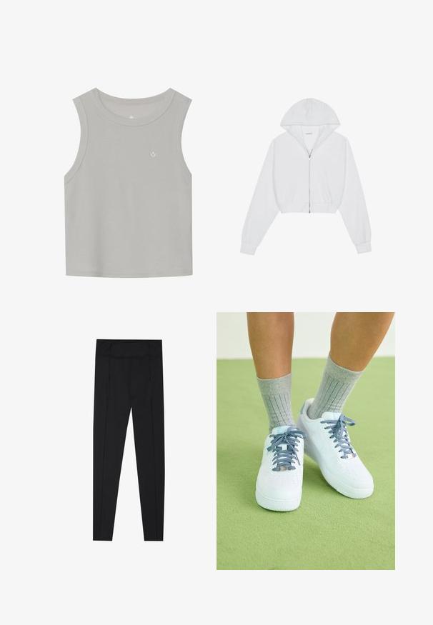 Hvit cropped hettejakke med glidelås foran, lange ermer, sidelommer og hette. Laget av mykt stoff med en jevn tekstur.; Lys grå ermeløs tanktop laget av ribbet stoff; har rund hals og en liten hvit logo på fronten. Enkelt design.; Sorte leggings med en glatt tekstur, høy midje og sømdetaljer langs sidene. Slim-fit design, egnet for ulike aktiviteter.; Hvite lær sneakers med blå detaljer, perforert tådesign og teksturerte blå-hvite lisser, brukt med grå ribbestrikkede sokker.