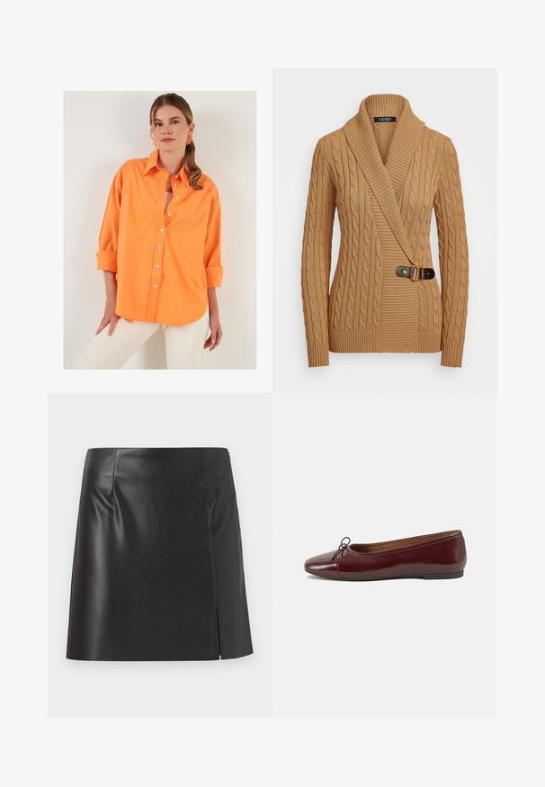 Beige kabelgebreide trui met een sjawlboord, asymmetrisch ontwerp, voorzien van een bruine gesp aan de linkerkant en geribbelde manchetten.; LELA LOOSE FIT - Overhemdblouse - orange; Zwarte leren mini-jurk met een rechte snit, een soepele textuur en een zijrits met een splitdetail aan één kant.; Bordeaux gepatenteerd lederen ballerina met een ronde neus, een klein strikaccent aan de voorkant en een lage, zwarte rubberen zool. Glad textuur.