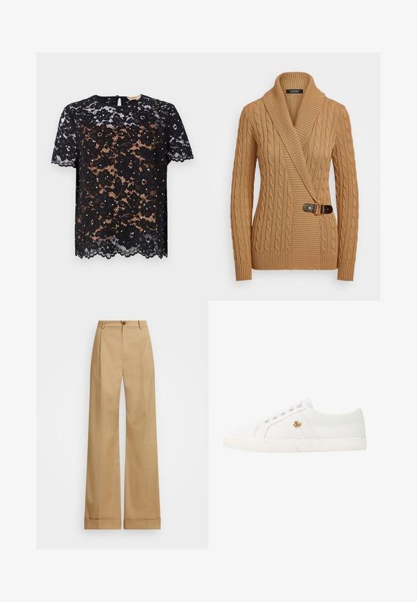 Beige kabelgebreide trui met een sjawlboord, asymmetrisch ontwerp, voorzien van een bruine gesp aan de linkerkant en geribbelde manchetten.; Zwarte kanten top met bloemenpatronen en korte mouwen. Glad textuur met een geschulpte rand en een sleutelgat-knopenluiting op de rug.; Beige wijde broek met een knoopsluiting, voorzien van een soepele textuur en persplooien. Met afgeronde zoom voor extra detail.; Lauren Ralph Lauren JANSON II CANVAS SNEAKER - Sneakers laag - optic white