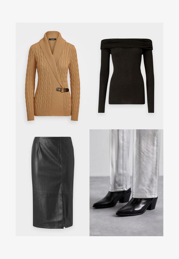 Pull en tricot torsadé beige avec un col châle, au design asymétrique, featuring un détail de boucle marron sur le côté gauche et des poignets côtelés.; Haut noir à épaules dénudées à manches longues, fabriqué à partir d'un tissu léger et lisse avec un léger éclat et un décolleté drapé.; Jupe crayon en cuir noir au design épuré, dotée d'une fente sur le côté et d'une texture lisse, adaptée pour une tenue formelle ou décontractée.; Bottes noires en cuir à talon carré et bout pointu, associées à un pantalon argenté brillant, mettant en valeur des textures épurées et des couleurs contrastées.