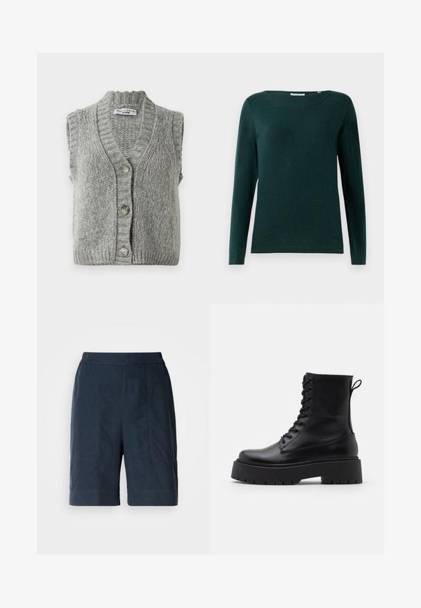 Grauer gestrickter, ärmelloser Cardigan-Weste mit Knopfleiste und geripptem Kragen und Saum, flach ausgelegt und von vorne mit drei Knöpfen gezeigt.; Dunkelgrünes Langarmshirt mit Rundhalsausschnitt und schlichtem Design, auf einem weißen Hintergrund präsentiert.; Dunkelblaue Shorts aus leichtem Material, mit geradem Schnitt, zwei frontalen Taschen und dezenten Nähten.; Schwarze Lederstiefeletten mit runder Zehenpartie, Schnürung vorne und einer dicken Gummisohle mit strukturiertem Profil. Mit Zugschlaufe an der Rückseite.