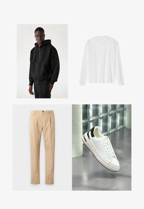 Čierna mikina s kapucňou vyrobená z mäkkého materiálu, so zipsom vpredu, sťahovacími šnúrkami, klokanou vreckom a rebrovanými manžetami.; Dlhý rukáv, biela bavlnená tričko s okrúhlym výstrihom a rebrovanými manžetami. Jednoduchý, bezvýzdobový dizajn s hladkou textúrou a štandardným strihom.; Pánske rovné béžové bavlnené nohavice s prednými vreckami, pútkami na opasok, zapínaním na gombík a zips na bielom pozadí.; Biele kožené tenisky s čiernymi akcentmi, ploché šnurovanie a textúrovaná podrážka. Na boku a jazyku sa nachádza logo "GUESS".