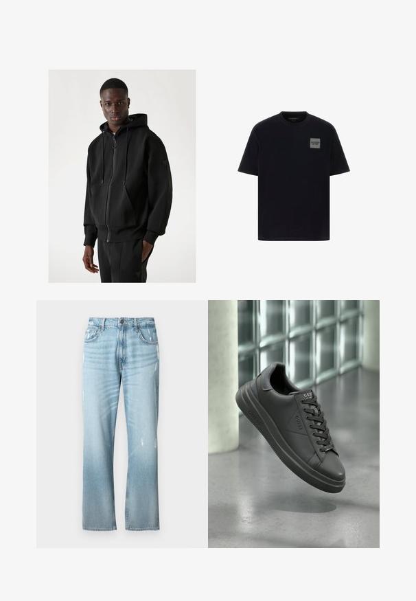 Crna hooded dukserica od mekanog materijala, s prednjim zatvaračem, vezicama, kengurujim džepom i rebrastim manžetama.; Crna pamučna majica s kratkim rukavima, s kvadratnom sivom oznakom na lijevoj strani prsiju. Dizajn s okruglim izrezom, glatka tekstura.; Svijetloplave traper hlače s blago širokim ravnim krojem, s istrošenim detaljima, klasičnim dizajnom s pet džepova i kopčanjem na gumbi.; Crne kožne tenisice s glatkim umakom, s zaobljenim vrhom, teksturiranim detaljima i dizajnom na vezanje. Logotip prikazan na jeziku.