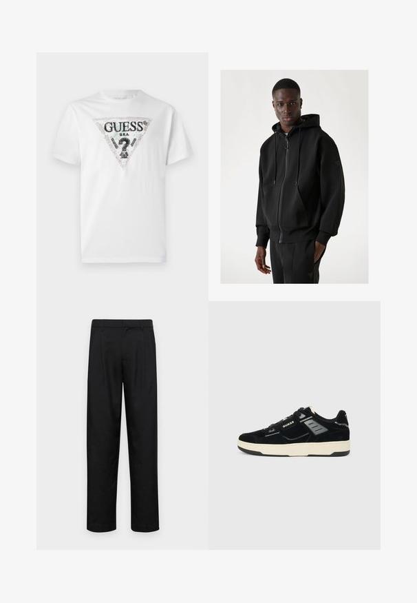 Felpa nera con cappuccio, realizzata in morbido tessuto, con zip frontale, cordini, tasca a marsupio e polsini a costine.; T-shirt bianco in cotone con un logo triangolare nero e colorato accompagnato da testo. Maniche corte e scollatura rotonda, texture liscia.; Pantaloni neri realizzati in tessuto liscio, caratterizzati da un taglio dritto, due pieghe frontali e una vita standard con passanti per la cintura.; Sneakers in suede nera con una suola intermedia color crema, caratterizzate da cuciture a contrasto, una suola in gomma e dettagli di branding laterali.