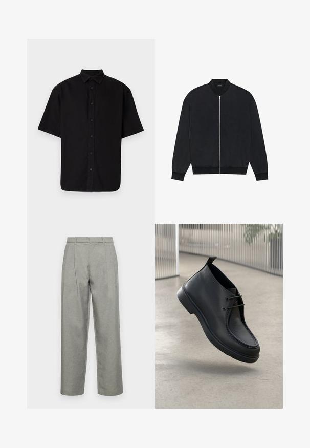 Svart bomberjakke laget av glatt stoff, med glidelås foran, ribbestrikket krage og lange ermer med elastiske mansjetter.; Svart kortermet skjorte laget av bomull, med knappelukking foran, krage og rett nederkant uten mønstre eller detaljer.; Grå skreddersydde bukser laget av teksturert stoff, med rett benkonstruksjon, frontfold og standard midje med beltesløyfer.; Sorte lærersko med en glatt tekstur, rund tå og snøring; har en lavprofil såle og bakre trekkstrop.