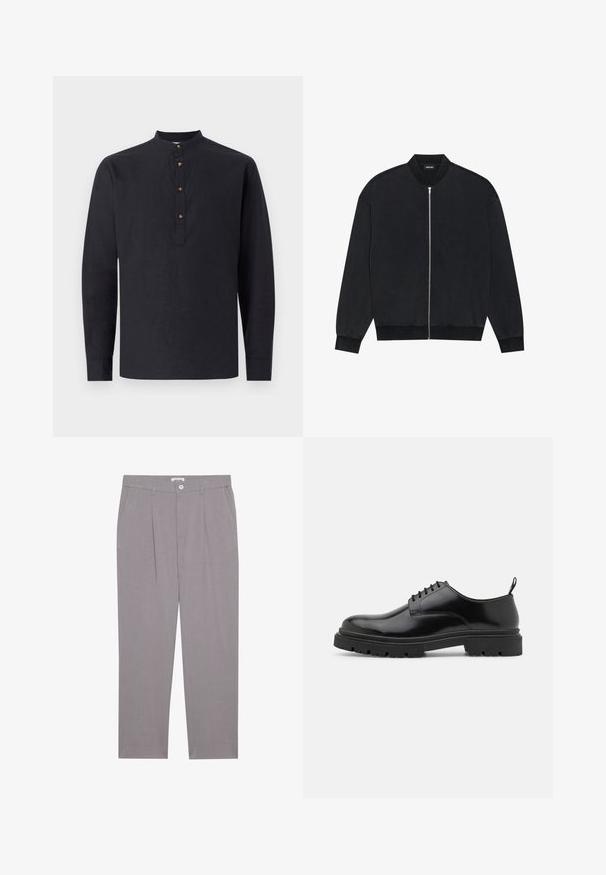 Mustmust hülg, mis on valmistatud siledast kangast, millel on lukuga esiosa, ribikrae ja pikad varrukad elastsete soonikutega.; Mustikas pikkade varrukatega särk, mis on valmistatud kergetest materjalidest, millel on seisva krae ja kaeluses neli pruuni nööpi.; Hallid nagu ühtlaselt lõigatud hallid püksid, millel on kaks esikülje taskut, voldid ja nupuvääristus. Valmistatud kergest kangast.; Mustad nahast kingad, millel on ümar nina, sile tekstuur ja sooniline kummist tald. Omavad väikest kontsi ja tõmblinti taga.