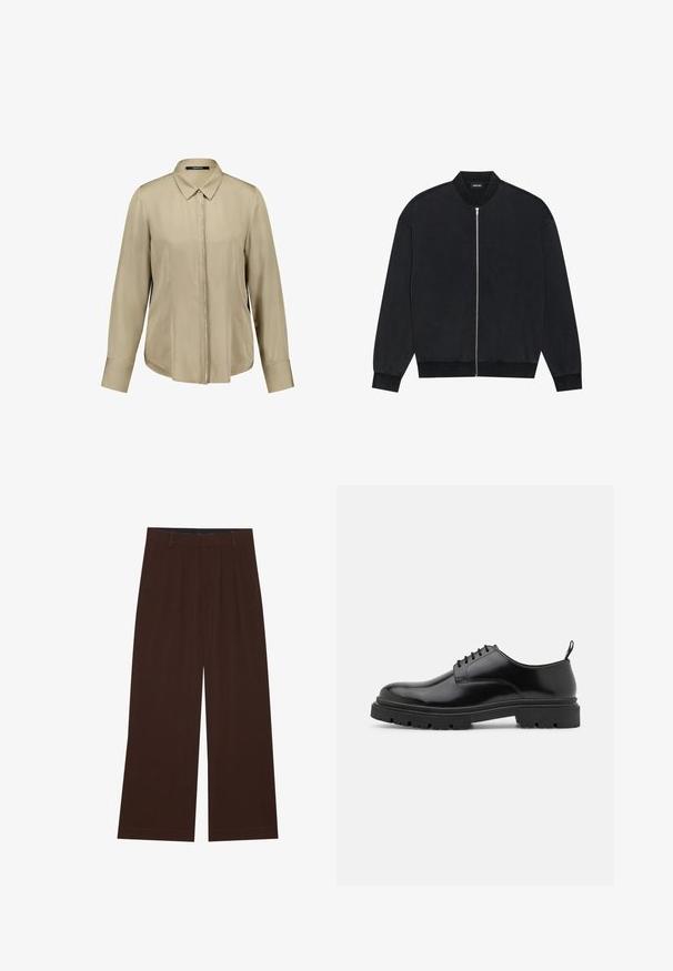 Schwarze Bomberjacke aus glattem Stoff, mit einem Reißverschluss auf der Vorderseite, geripptem Kragen und langen Ärmeln mit elastischen Bündchen.; Langarmhemd mit Kragen in hellem Taubengrau und einer glatten Textur. Verfügt über einen zentralen Reißverschluss und seitliche Schlitze für Bewegungsfreiheit.; Braune weite Hosen mit Falten. Aus einem glatten Stoff gefertigt, mit einem taillierten Bund und seitlichen Taschen. Flacher Saum am Boden.; Schwarze Leder Schnürschuhe mit runder Zehenpartie, glatter Oberfläche und genoppter Gummisohle. Verfügen über einen kleinen Absatz und eine Ziehschlaufe auf der Rückseite.