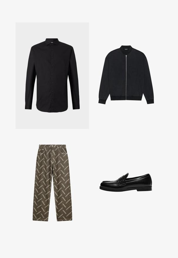 Černá bomber bunda vyrobená z hladké tkaniny, s předním zipem, žebrovaným límcem a dlouhými rukávy s elastickými manžetami.; Černá dlouhá košile s dlouhým rukávem vyrobená z tkané látky, s knoflíkovým zapínáním vpředu, límcem a klasickým střihem. Hladká textura a minimalistický design.; Khaki džíny s celoplošným vzorem peří v světle béžové barvě. Volný střih se standardními kapsami a detaily kontrastního šití.; Černé kožené mokasíny s hladkým povrchem, které mají prošívání na nártu a nízkou, jednolitou černou gumovou podrážku.