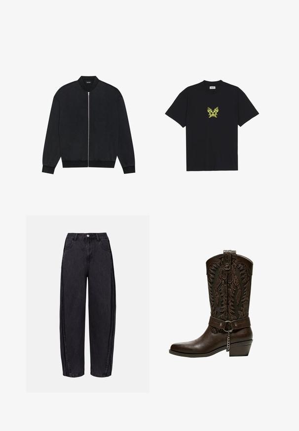 Črna bomber jakna iz gladke tkanine, z zadrgo spredaj, rebrastim ovratnikom in dolgimi rokavi z elastičnimi manšetami.; Črna bombažna majica s kratkimi rokavi, ki na prsih prikazuje majhen grafični motiv metulja v rumenem plamenskem vzorcu. Okrogla izrezana vratna linija.; Črne široke jeans hlače iz denima z gladko teksturo. Imajo visok pas, sprednje žepe in gumbasto zapiranje na pasu.; Bershka Škornji v kavbojskem/motorističnem slogu - brown
