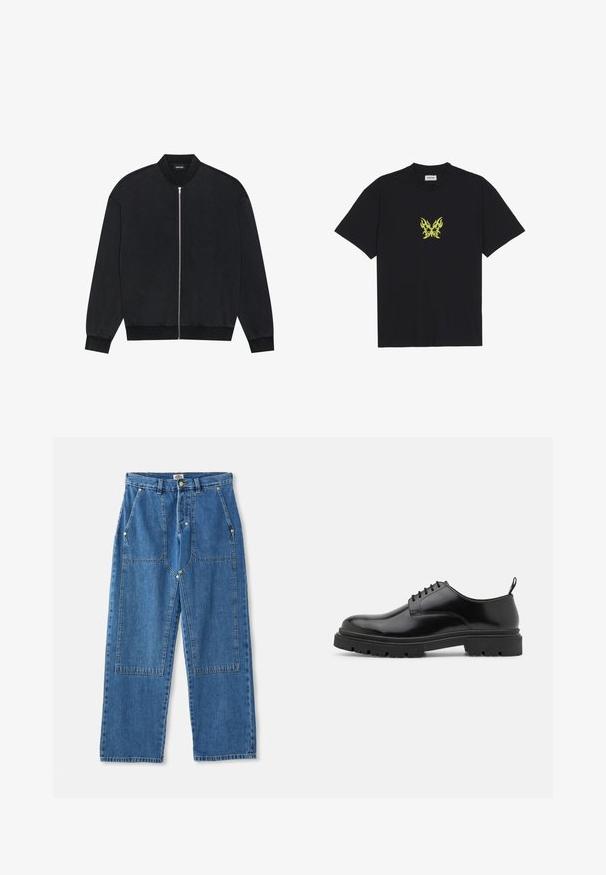 Svart bomberjakke laget av glatt stoff, med glidelås foran, ribbestrikket krage og lange ermer med elastiske mansjetter.; Sort bomull T-skjorte med et lite, gult flamme-mønster av en sommerfugl på brystet. Rund hals, korte ermer.; Blå denim brede bukser har høy midje, store frontlommer og en karakteristisk patchwork-design med synlige sømmer og metallhardware.; Sorte lær lace-up sko med rund tå, glat overflade og rillet gummisål. Har en lille hæl og en pull-tab bagpå.