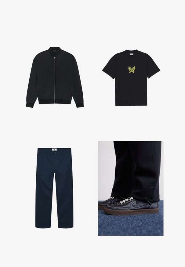 Schwarze Bomberjacke aus glattem Stoff, mit einem Reißverschluss auf der Vorderseite, geripptem Kragen und langen Ärmeln mit elastischen Bündchen.; Schwarzes Baumwoll-T-Shirt mit einem kleinen, gelben Schmetterlings-Motiv im Flammenmuster auf der Brust. Rundhalsausschnitt, kurze Ärmel.; Navyblaue Baumwoll-Chinos mit geradem Schnitt, einschließlich einem vorderen Knopfverschluss, zwei seitlichen Taschen und minimalistischer Gestaltung.; Nike Sportswear KILLSHOT 2 LTR PRM OPP2 - Sneaker low - black sail baroque brown mtlc dk grey