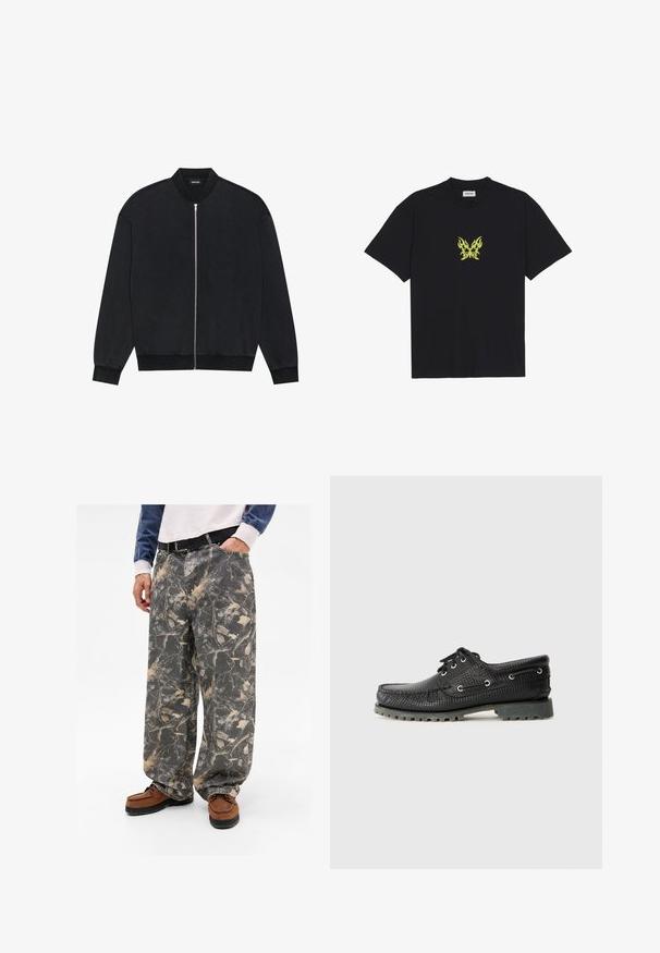 Musta bomber-takki, joka on valmistettu sileästä kankaasta. Takissa on vetoketjullinen etuosa, ribattu kaulus sekä pitkät hihat, joissa on joustavat hihansuut.; Mustat puuvillapaitat, joissa on pieni keltainen liekkikuvioinen perhonen rintaosassa. Pyöreä kaula-aukko, lyhyet hihat.; Valkoiset harmaat lahkeet, joissa on lehden ja oksan kuvio, valmistettu denimmateriaaleista. Yhdistettynä ruskeisiin loafer-kengiin, mikä esittelee rentoa asukokonaisuutta.; Musta teksturoitu nauhakenkä pyöreällä varvalla, metalliset nauhakuopat ja kestävä harmaa kumipohja. Yläsosassa on kudottu kuvio.