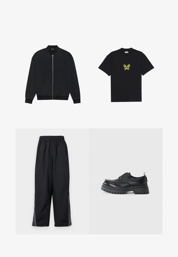 Melna bomber jaka, izgatavota no gludas auduma, ar iešujamu priekšu, ribu apkakli un garām piedurknēm ar elastīgām aprocēm.; Melnā kokvilnas T-kreklā ir neliels dzeltenu liesmu rakstā veidots tauriņš uz krūšu daļas. Ar apaļu kakla izgriezumu, īsām piedurknēm.; Melnas, vieglas bikses no neilona ar elastīgu jostasvietu, ar baltām sānu svītrām un brīvu, īsu piegriezumu.; Melnas masīvas ādas kurpes ar auklēm, biezs, raupjš zole un metāla acs kontaktligzdas uz pirkstu zonas, fotografētas uz vienkārša gaiša fona.