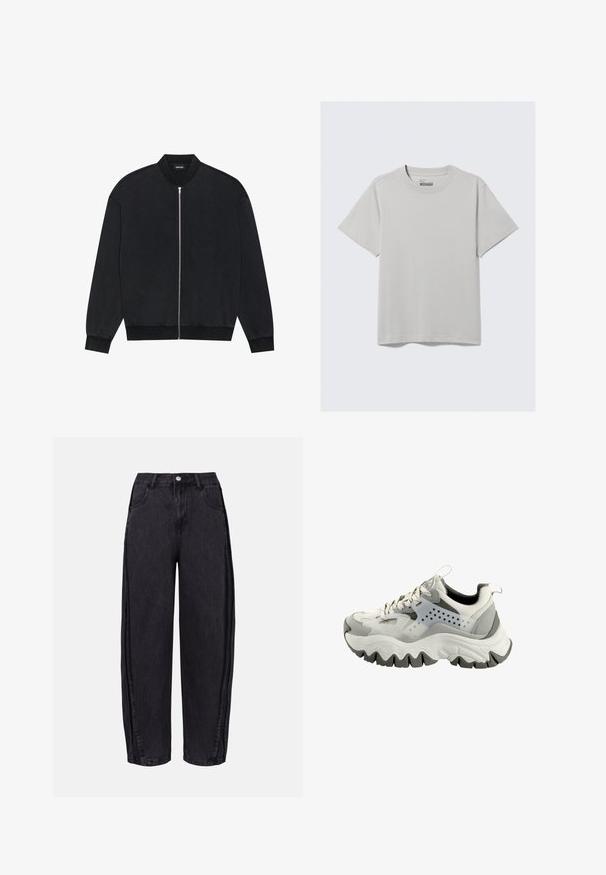 Juodas bomberio tipo džemperis, pagamintas iš lygaus audinio, su užtrauktuku priekyje, raukšlėtu apykakle ir ilgomis rankovėmis su elastinėmis gumomis.; Šviesiai pilkas medvilninis marškinėliai su apvalia kaklo iškirpte ir trumpomis rankovėmis, pasižymintys minimalistiniu dizainu ir laisvu siluetu. Be raštų ar akcentų.; Juodos plačios džinsinės kelnės iš lygios tekstūros džinsinio audinio. Turi aukštą liemenį, priekinės kišenes ir mygtuko uždarymą liemens srityje.; Pilkas ir baltas sportinis batelis su masyviu padu, tekstūruotu viršumi, perforuotais akcentais ir kontrastingomis raištelėmis. Savybė – stilizuotas dizainas.
