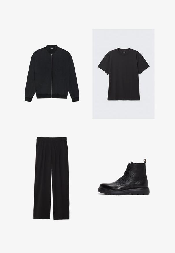 Giubbotto bomber nero realizzato in tessuto liscio, con chiusura a zip frontale, colletto a coste e maniche lunghe con polsini elasticizzati.; T-shirt nero a maniche corte in cotone. Presenta un collo a giro e una vestibilità comoda. Design semplice senza motivi o dettagli visibili.; Pantaloni neri a gamba larga con frontale plissettato, tasche laterali e una texture di tessuto liscia. Progettati per un fit comodo.; Stivaletto in pelle nera con finitura testurizzata, punta rotonda, chiusura con lacci davanti e suola in gomma spessa con trazione. Linguetta sul retro.