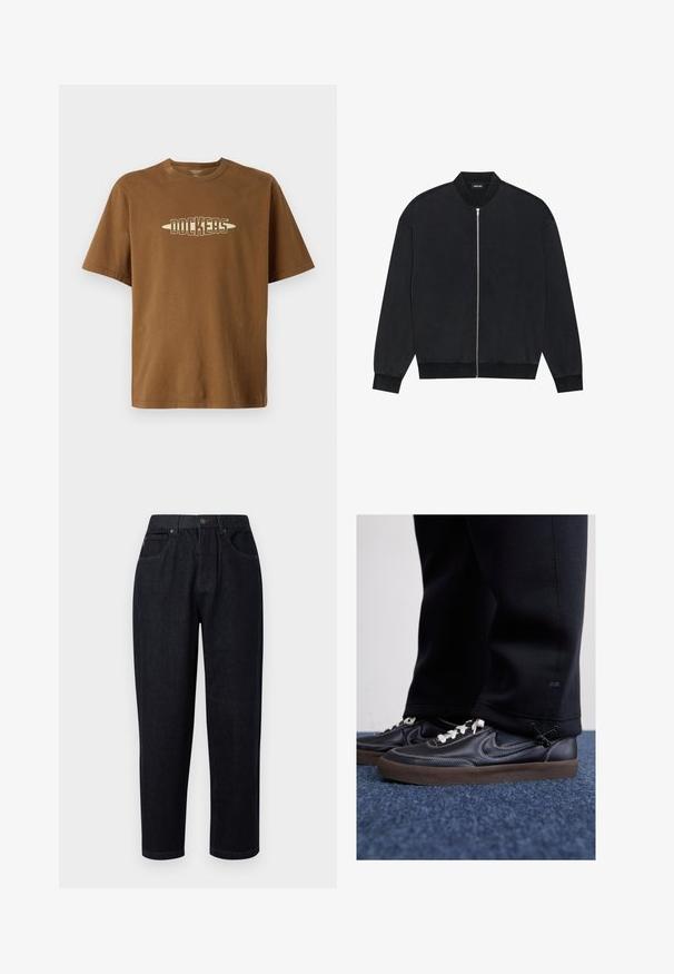 Mustmust hülg, mis on valmistatud siledast kangast, millel on lukuga esiosa, ribikrae ja pikad varrukad elastsete soonikutega.; Pruun puuvillane T-särk lühikeste varrukatega, mille ees on keskosas kreemivärvi "DOCKERS" logo julge fondiga.; Tumedat sinise denimist püksid vaba lõikega, nupuga ja lukuga sulgemisega, kahe ees oleva taskuga ja õmblusdetailidega.; Nike Sportswear KILLSHOT 2 LTR PRM OPP2 - Tossud - black sail baroque brown mtlc dk grey