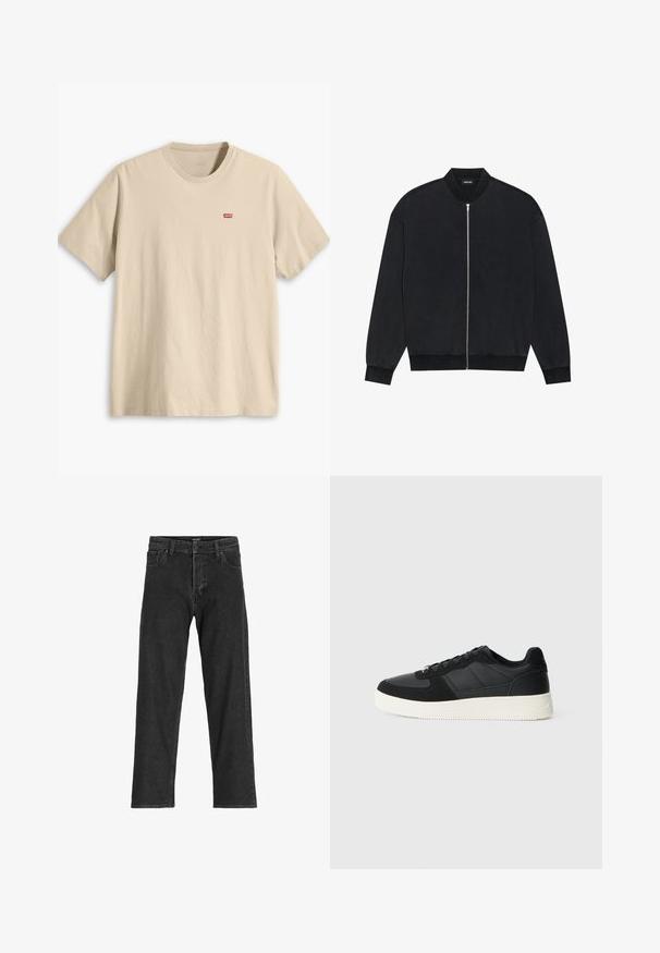 Czarna kurtka bomberka wykonana z gładkiego materiału, z zamkiem błyskawicznym z przodu, żebrowanym kołnierzem oraz długimi rękawami zakończonymi elastycznymi mankietami.; Beżowa bawełniana koszulka z krótkim rękawem, okrągłym dekoltem i małym czerwonym logo Levi's na lewej piersi. Gładka tekstura, luźny krój.; Czarne dżinsy z prostą nogawką, z zamkiem błyskawicznym, szlufkami na pasek oraz sześcioma kieszeniami, wykonane z wytrzymałej mieszanki bawełny.; Czarne niskie trampki z teksturowanej skóry i zamszowymi panelami, biała gumowa podeszwa i czarne sznurowadła na jednolitym jasnym tle.