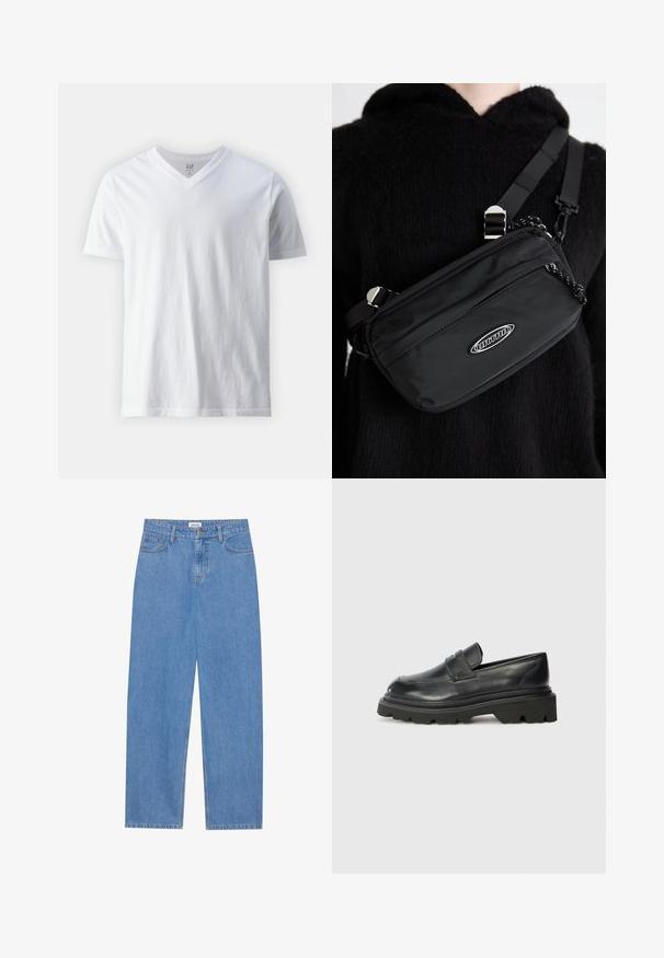 Musta bomber-takki, joka on valmistettu sileästä kankaasta. Takissa on vetoketjullinen etuosa, ribattu kaulus sekä pitkät hihat, joissa on joustavat hihansuut.; Lyhythihainen, V-pääntiellä varustettu valkoinen T-paita, joka on valmistettu puuvillasta. Ominaisuuksiin kuuluu yksinkertainen muotoilu, sileä rakenne ja rento istuvuus.; Vaaleansiniset farkut suoranleikkauksella, viisi taskua, yksittäinen nappisulku ja huomaamattomat ompeluyksityiskohdat saumoissa.; Mustat nahkakengät, joissa on pyöreä kärki, matalat, tukevat kumipohjat, joissa on kuvioitu pito ja taitettu hihna ylhäällä.; Mustekchiefi musta nailon crossbody-kotelo säädettävällä hihnalla, jossa on sileä pinta, etupuolen vetoketjutasku ja logotunnus.