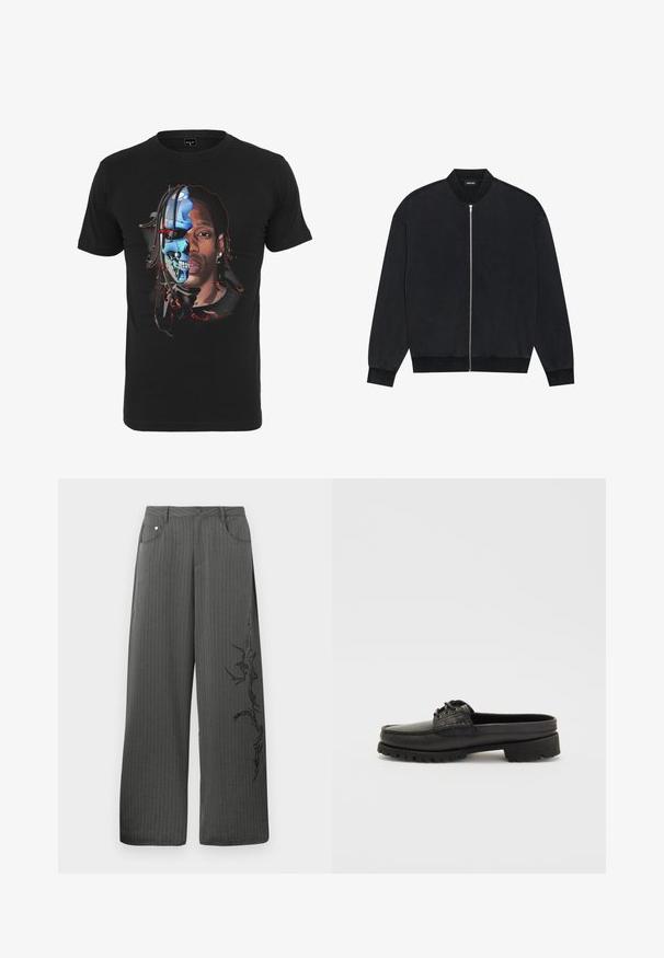 Mustmust hülg, mis on valmistatud siledast kangast, millel on lukuga esiosa, ribikrae ja pikad varrukad elastsete soonikutega.; Must musta T-särk mustast puuvillast, millel on graafiline disain näost, mis on jagatud inim- ja robotikolu vahel, detailsete värviliste aktsentidega.; Laialõhikuga, tumesinistes triibulistes pükstes on ees taskud ja must dekoratiivprint vasakul küljel.; Must musta tossud, millel on nööridetail, ümar nina ja textured tald. Omab veidi üles tõstetud kanna ja sileda viimistluse.