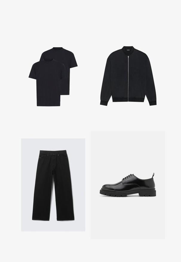 Svart bomberjakke laget av glatt stoff, med glidelås foran, ribbestrikket krage og lange ermer med elastiske mansjetter.; Svarte bomulls t-skjorter i crew neck design, med korte ermer og en avslappet passform, presentert i en pakke med to.; Sorte vide benbukser laget av denim, med et klassisk fem-lommers design og en strukturert linning med beltehemper.; Sorte lær lace-up sko med rund tå, glat overflade og rillet gummisål. Har en lille hæl og en pull-tab bagpå.