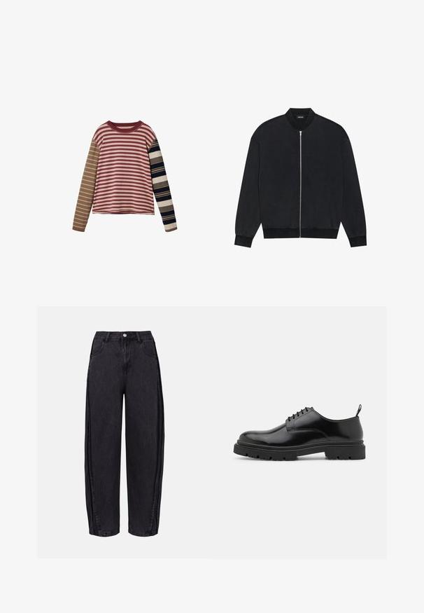 Zwarte bomberjack gemaakt van gladde stof, met een rits aan de voorkant, geribbelde kraag en lange mouwen met elastische manchetten.; Langsleeve gestreepte top met afwisselend kastanjebruine, beige en donkerblauwe strepen van verschillende breedtes; ronde halslijn, zachte textuur.; Zwarte wijde denim jeans met een gladde textuur. Heeft een hoge taille, voorzakken en een knoopsluiting bij de tailleband.; Zwarte leren veterschoenen met een ronde neus, gladde textuur en geribbelde rubberen zool. Heeft een kleine hak en een lus aan de achterkant.