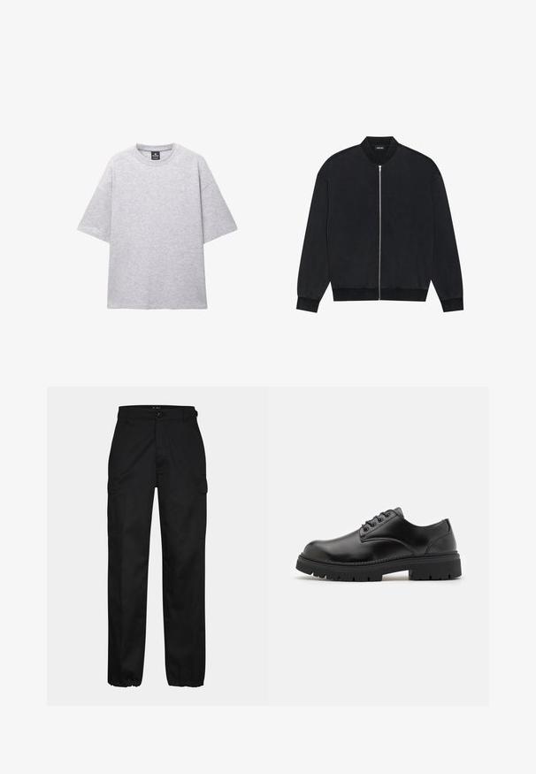 Čierna bomber bunda vyrobená z hladkého materiálu, s predným zipsom, rebrovaným golierom a dlhými rukávmi s elastickými manžetami.; Sivý krátky rukáv tričko vyrobené z mäkkej tkaniny; má okrúhly výstrih a voľný strih s spustenými ramenami. Neobsahuje žiadne vzory ani akcenty.; Čierne cargo nohavice so strihom rovného strihu, s bočnými vreckami, zapínaním na gombík a elastickými manžetami na členkoch. Vyrobené z odolnej tkaniny.; Čierne kožené topánky s okrúhlou špičkou, šnurovací dizajn a hrubou, textúrovanou gumovou podrážkou. Má šitie pozdĺž okraja a hladký povrch.