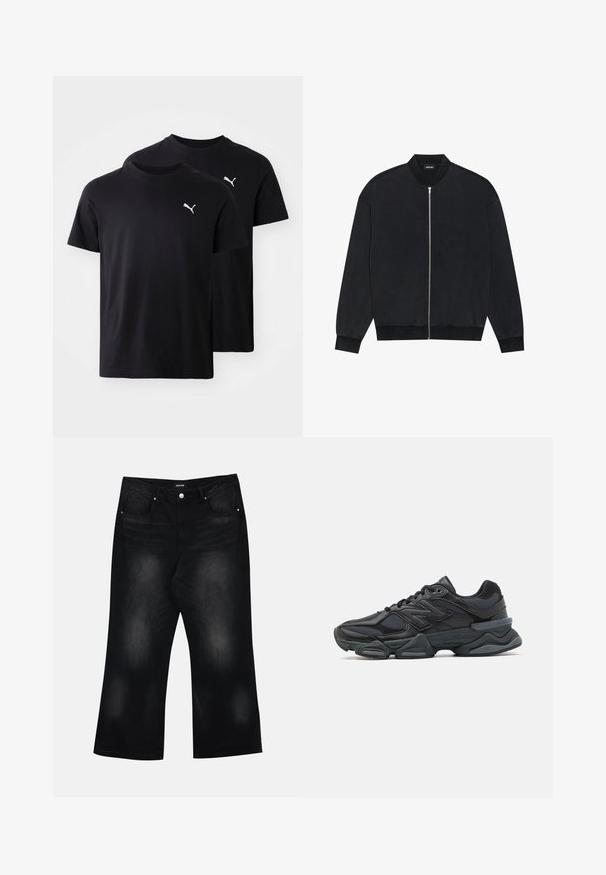 Čierna bomber bunda vyrobená z hladkého materiálu, s predným zipsom, rebrovaným golierom a dlhými rukávmi s elastickými manžetami.; Čierne bavlnené tričká v balení po dvoch. Obsahujú okrúhly výstrih, krátke rukávy a biele logo Puma na hornej ľavej strane.; Čierne široké džínsy vyrobené z denimu, so zlato-bielymi prednými vreckami, jemným vyblednutím a zapínaním na gombík v páse.; Čierna bežecká obuv so zmesou sieťoviny a syntetických materiálov, robustnou podrážkou, zakriveným dizajnom a výrazným logom na boku.
