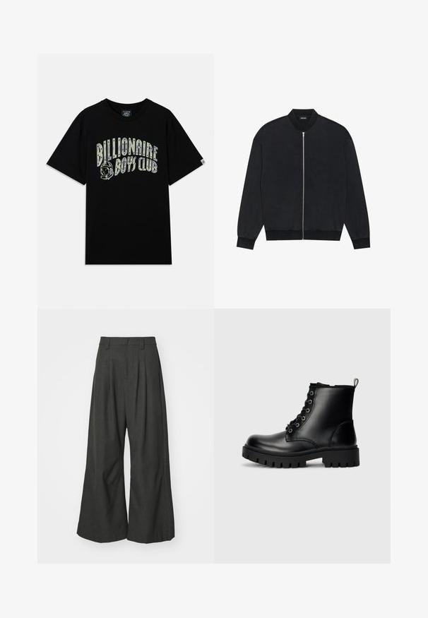 Svart bomberjakke laget av glatt stoff, med glidelås foran, ribbestrikket krage og lange ermer med elastiske mansjetter.; Svart bomull t-skjorte med korte ermer, med teksten "Billionaire Boys Club" i hvit og grønn grafisk trykk, inkludert et astronautdesign.; Jaded London GOLIATH TROUSER UNISEX - Bukse - grey; Sorte ankelboots i skinn med rund tå, snøring og en robust, tykk såle. Har en trekkflik på hælen og sølvfarget detaljer.