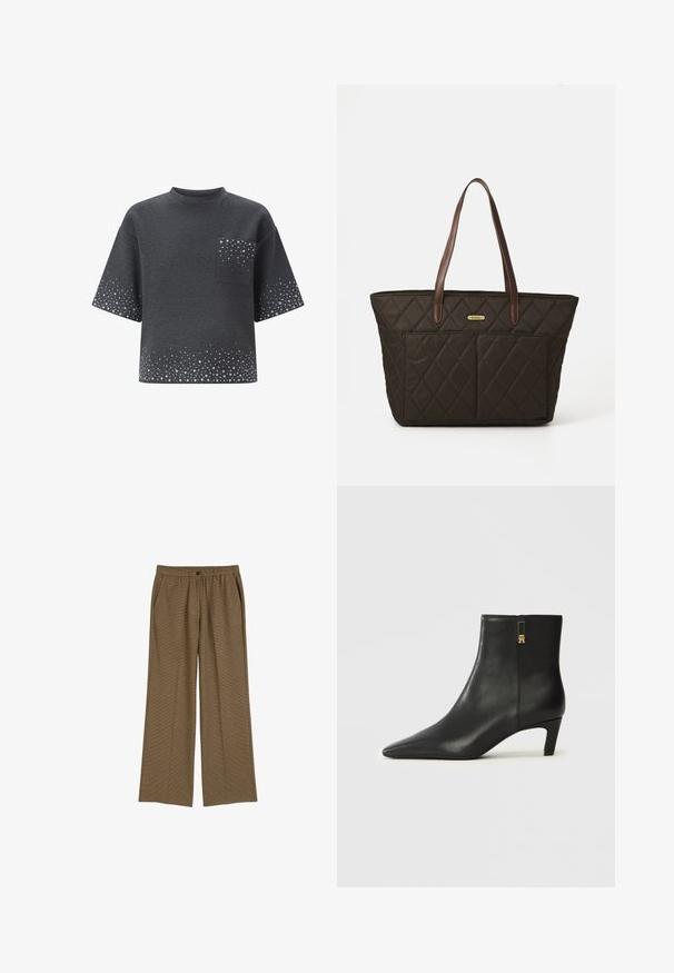 Gray knitted cardigan with a rounded neckline, full-length sleeves, and a button front. Soft texture with subtle stitching details.; Dark gray short-sleeve shirt with crew neck, front pocket, and scattered light gray dot pattern on sleeves, pocket, and hem.; Wide-leg pants in a textured brown fabric with a drawstring waist, featuring side pockets and a loose fit for comfort.; Black leather ankle boot with a pointed toe and a small heel. Features a side zipper with a gold hardware accent. Smooth texture.; Quilted dark brown tote bag with two large front pockets, leather handles, and small gold brand label at top center.