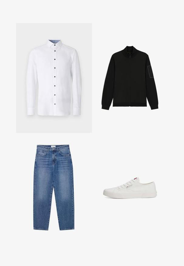 Veste noire à col montant, fermeture éclair, poches latérales, poignets côtelés et une poche zippée sur la manche gauche. Texture de tissu lisse.; Chemise blanche à manches longues avec un col classique, boutons noirs sur le devant, et détail intérieur de col bleu clair contrastant. Texture de tissu lisse.; Jean en denim bleu avec une taille haute, une coupe droite et une finition délavée. Comprend cinq poches et une fermeture à bouton.; Baskets en toile blanches avec une semelle en caoutchouc plate, bout rond et cinq paires d'œillets, ornées d'une petite étiquette de logo sur le côté.