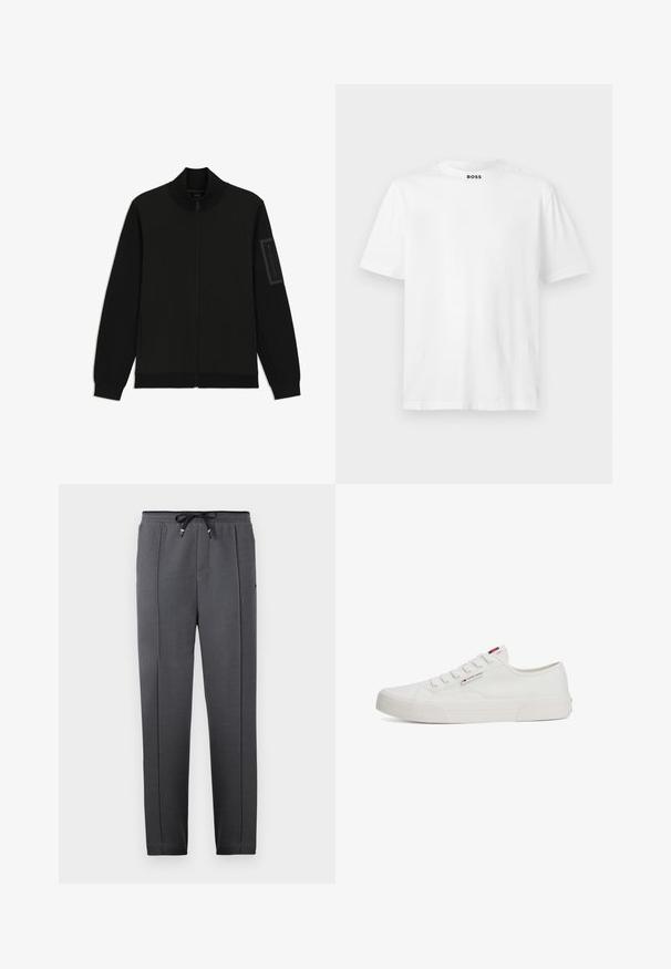 Schwarze Jacke mit hohem Kragen, Reißverschluss, Seitentaschen, gerippten Bündchen und einer Reißverschlusstasche am linken Ärmel. Glatter Stoff.; Weißes kurzärmeliges T-Shirt aus Baumwolle. Mit Rundhalsausschnitt und einem schwarzen Logoaufdruck am Kragen. Glatte Textur, schlichtes Design.; Schwarze, strukturierte Sweatpants mit elastischem Bund und Kordelzug, die seitliche Taschen und schmal zulaufende Beine für eine schlanke Passform bieten.; Weiße Leinensneaker mit flacher Gummisohle, runder Zehenpartie und fünf Ösenpaaren, die an der Seite ein kleines Logo-Tag besitzen.