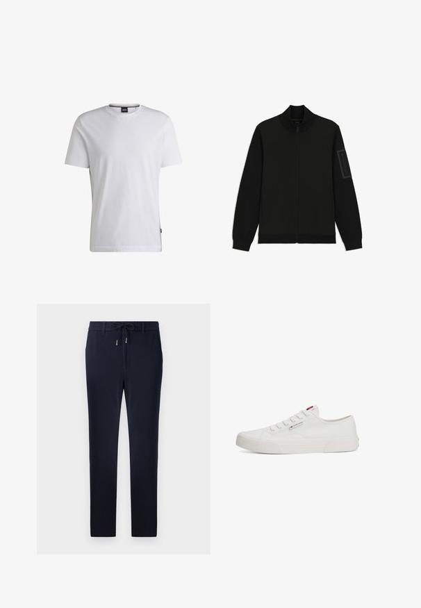 Černá bunda s vysokým límcem, zapínáním na zip, bočními kapsami, žebrovanými manžetami a kapesou na zip na levém rukávu. Hladká textura látky.; Bílé tričko s krátkým rukávem vyrobené z bavlny. Má kulatý výstřih a nenápadnou značkovou nášivku na boku. Hladký povrch a jednoduchý design.; Námořnicky modré kalhoty s elastickým pasem na šňůrku, úzkým střihem a hladkou texturou. Žádné viditelné vzory nebo akcenty.; Bílé plátěné tenisky s plochou gumovou podrážkou, kulatou špičkou a pěti páry dírek na tkaničky, které mají malou značkovou visačku na boku.