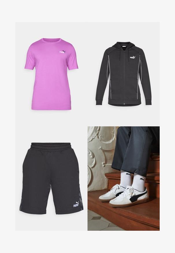 Sort zip-up hoodie med snoretræk i hætten, hvid kontrastkant og Puma-logo på brystet. Lavet af blødt, atletisk stof.; Kortærmet T-shirt med rund hals i lys pink stof, der har et lille sort Puma-logo på venstre bryst. Glat tekstur, afslappet design.; Sorte atletiske shorts lavet af et glat stof, med en ribbet talje og sidelapper med et subtilt mønster. Puma-logoet nederst til højre.; Puma sneakers i hvid og sort ruskind med en brun gummisål. Bæres med hvide sokker med et sort logo og mørke bukser.