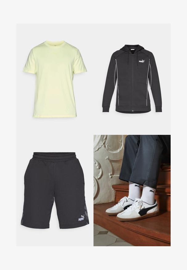 Juodas zip-up džemperis su užtrauktuku, su reguliuojamu gobtuvu, balta akcentų juostele ir Puma logotipu ant krūtinės. Pagamintas iš švelnaus, sportinio audinio.; Šviesiai geltona sportinė marškinėlių suapvalintu kaklu, pagaminta iš minkštos, lengvos medžiagos. Yra trumpomis rankovėmis ir subtiliu logotipu ant krūtinės.; Juodi sportiniai šortai, pagaminti iš lygaus audinio, su banguotu juosmeniu ir šoninėmis dalimis, turinčiomis subtilų raštą. Puma logotipas dešiniajame apačioje.; Puma sportbačiai baltoje ir juodoje zomšo spalvų derinys, su rudu guminio pado apdaila. Derinama su baltais kojiniais, kuriuose pavaizduota juoda logotipas, dėvimi su tamsiomis kelnėmis.
