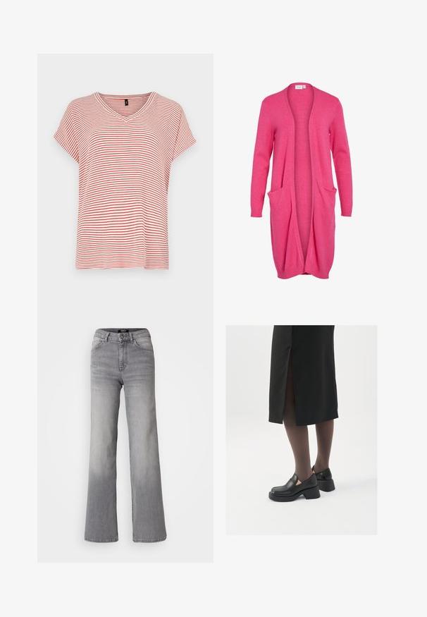 Lange, open voorkant cardigan in felroze. Gemaakt van zachte stof met ribgebreide manchetten en twee voorzakken. Casual, relaxte pasvorm.; Rood-wit gestreepte t-shirt met korte mouwen en V-hals, met een relaxed fit en zachte stof. Gestreepte patronen gelijkmatig verdeeld over het ontwerp.; Grijs denim jeans met hoge taille en rechte pijpen, voorzien van een knoop en ritssluiting aan de voorkant, voor- en achterzakken, en een vervaagde schaduw op de dijen en kuiten.; Zwarte leren schoenen met een ronde neus, dikke blokhak en elastische zijkanten, gecombineerd met donkere panty's en een zwarte rok met een split.