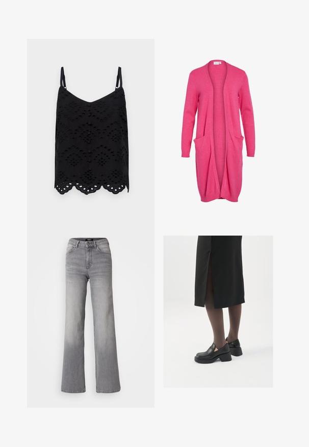 Ilgas, atviras kardiganas ryškiai rožinės spalvos. Pagamintas iš minkštos medžiagos su raukšlėmis rankogaliuose ir dviem priekinėmis kišenėmis. Kasdienis, laisvas siluetas.; Juodas tankas su plonomis petnešėlėmis, puošiamas siuvinėjimu, su banguotu apvadu ir sagomis priekyje. Pagamintas iš lengvos medžiagos.; Aukštai juosmens tiesios kojos pilkos džinsinės kelnės su priekiu užsegamu mygtuku ir užtrauktuku, priekiniais ir galiniais kišenėmis, bei išblukimu ant šlaunų ir blauzdų.; Juodos odinės bateliai su apvaliu nosiu, stora blokine pakulne ir elastingais šonais, derinami su tamsiomis pėdkelnėmis ir juoda sijonu su plyšiu.