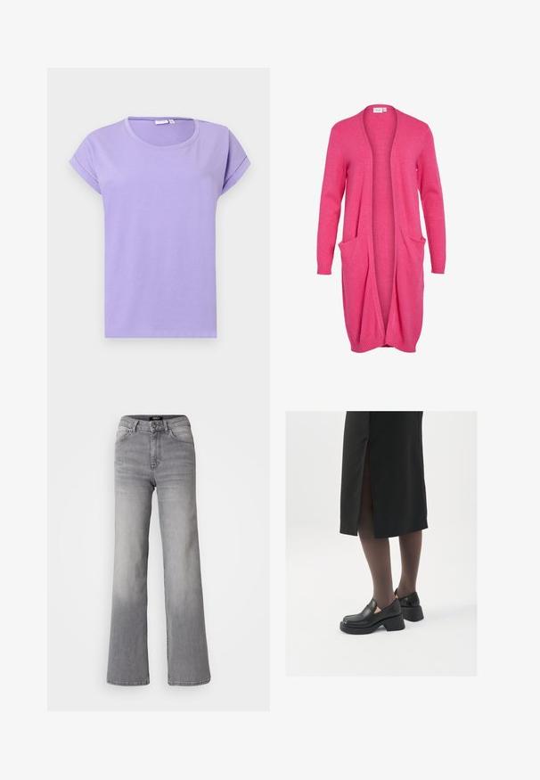 Pitkä, avonainen kardigaani kirkkaan vaaleanpunaisena. Valmistettu pehmeästä kankaasta, jossa on ribatut hihansuut ja kaksi etutaskua. Rennon rento istuvuus.; Lila lyhythihainen t-paita, joka on valmistettu sileästä puuvillasta. Ominaisuuksina pyöreä pääntie, käännetyt hihat ja rento istuvuus. Yksinkertainen malli ilman kuvioita.; Vaaleanharmaat korkeavyötäröiset suorat farkut etupainikkeella ja vetoketjulla, etu- ja takataskuilla, sekä haalistuneet varjostukset reisissä ja pohkeissa.; Mustat nahkakengät pyöreällä kärjellä, paksulla lohkopohjalla ja joustavilla sivuakkesseilla, yhdistettynä tummiin sukkahousuihin ja mustaan hameeseen, jossa on halkio.