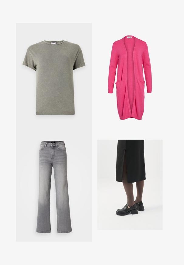 Hosszú, nyitott elülső kardigán élénk rózsaszínben. Puha anyagból készült, bordás mandzsettákkal és két elülső zsebbel. Kényelmes, laza fit.; Fakó zöld póló, rövid ujjak, kerek nyakkivágás, puha pamut anyag, enyhén kopott textúra, laza fazon.; Magasan derekú, egyenes szárú, szürke farmernadrág, elől gombbal és cipzárral, elülső és hátsó zsebekkel, valamint elhalványodott árnyékolással a combokon és a vádlikon.; Fekete bőr cipők lekerekített orral, vastag blokk sarkakkal és elasztikus oldalsó díszítésekkel, sötét harisnyával és hasítékkal ellátott fekete szoknyával párosítva.