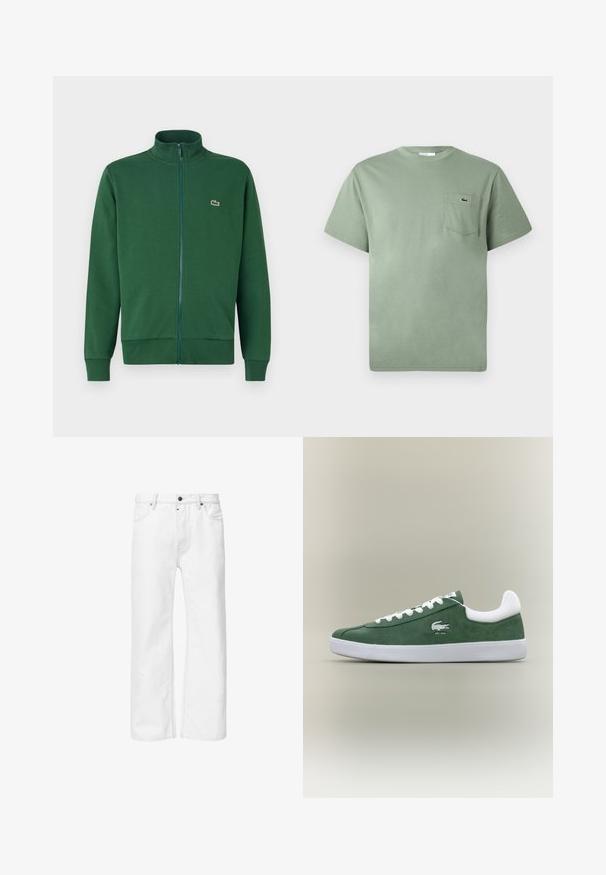 Casaco verde com fecho éclair, feito de tecido macio, com um colarinho alto e punhos canelados. Logótipo da Lacoste exibido na parte esquerda do peito.; T-shirt de algodão de manga curta verde-claro com um bolso no peito, apresentando um pequeno logo de crocodilo bordado.; Jeans de ganga branca com um corte reto, design clássico de cinco bolsos e fecho em botão metálico na cintura, apresentando costuras tonais.; Sapatilha verde em camurça de perfil baixo com atacadores brancos, sola branca, colarinho acolchoado e logotipo de crocodilo bordado com o texto "EST. 1933".