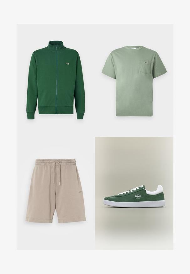 Roheline tõmblukuga jakker, mis on valmistatud pehmest kangast, kõrge krae ja soonikkoes varrukateotsadega. Lacoste logo on nähtav vasakul rindkere piirkonnas.; Heledane lühikeste varrukatega puuvillane T-särk rinna taskuga, millel on väike kangast krokodilli logo.; Beesidist puuvillased lühikesed püksid elastse vöökohaga, paelaga kinnitamine ja küljetaskud. Sujuv tekstuur, jala peal on trükitud logo.; Madala profiiliga roheline sametist tennis, valgete paelte ja valge tallaga, pehmendatud kannakollari ja brodeeritud krokodillilogo tekstiga "EST. 1933".