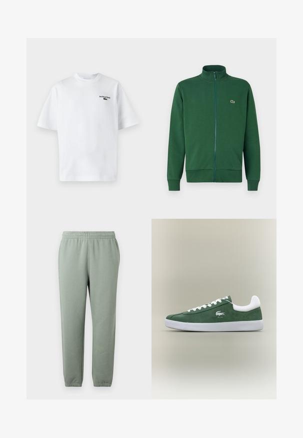 Roheline tõmblukuga jakker, mis on valmistatud pehmest kangast, kõrge krae ja soonikkoes varrukateotsadega. Lacoste logo on nähtav vasakul rindkere piirkonnas.; Valge puuvillane T-särk lühikeste varrukatega, millel on kiri "Jeu Set et Match" ja väike roheline logo vasakul rinnal. Klassikaline lõige.; Heledad rohelised dressipüksid, millel on elastne vöökoht, kitsenevad sääred ja mansettidega pahkluud. Valmistatud pehmest, kergest kangast.; Madala profiiliga roheline sametist tennis, valgete paelte ja valge tallaga, pehmendatud kannakollari ja brodeeritud krokodillilogo tekstiga "EST. 1933".