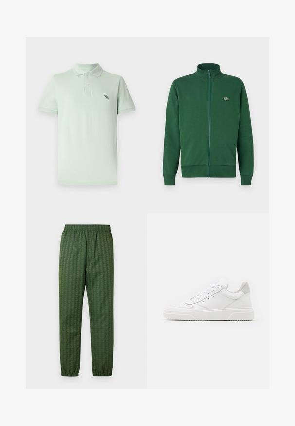 Grønn hettejakke med glidelås laget av mykt stoff, med høy krage og ribbestrikkede mansjetter. Lacoste-logoen vises på venstre brystområde.; Lysegrønn polo skjorte laget av bomull, med knappestolpe, korte ermer, og en liten brodert logo på venstre bryst.; Grønne mønstrede treningsbukser med elastisk midjebånd, smale ben og geometrisk design gjennom hele. Laget av lett materiale.; Hvite skinnsko med en glat overflate, rund tå, flate lisser og teksturert såle. Grå semsket innfelt ved hælen.